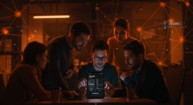 Equipo de startups usando Claude Code en móvil con inteligencia artificial para desarrollo remoto y tecnológico.