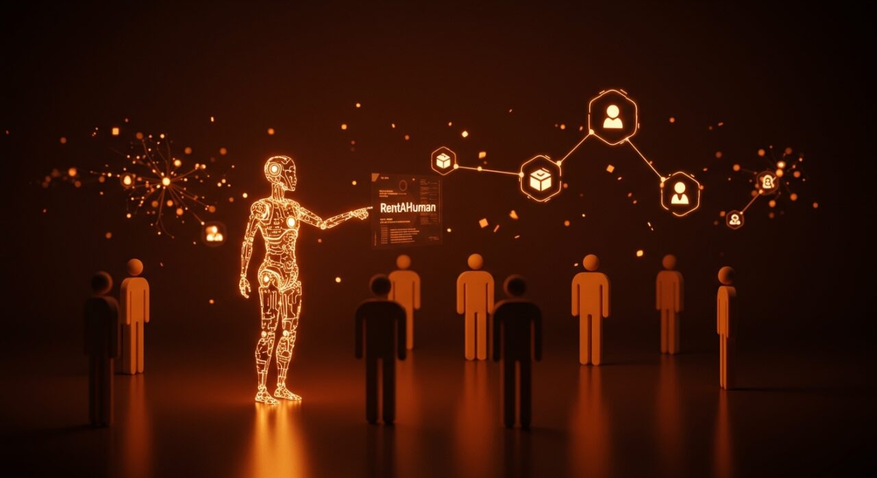 Imagen editorial que representa RentAHuman, la plataforma donde agentes de IA contratan humanos en la economía gig, destacando la automatización y el futuro del trabajo.