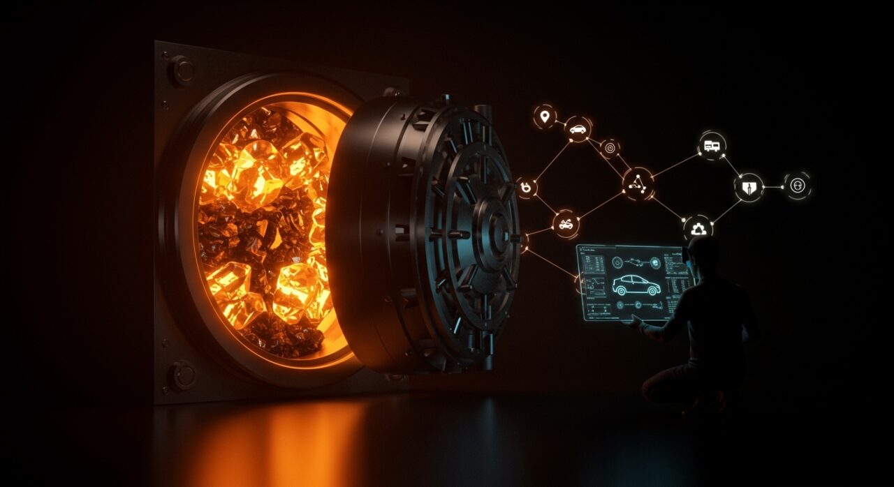 Reserva de minerales críticos y electrificación global representada con un vault futurista y tecnologías de startups en vehículos eléctricos.
