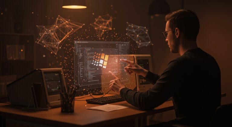 Desarrollador utilizando RetroTick para ejecutar software Windows clásico en navegador, ilustrando emulación y tecnología WebAssembly para startups tecnológicas.