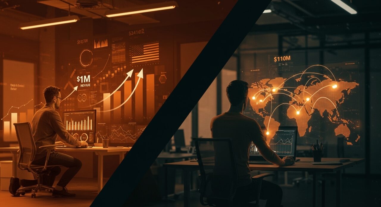 Comparativa visual del liderazgo en startups entre Estados Unidos y Europa, mostrando crecimiento y expansión internacional en revenue.