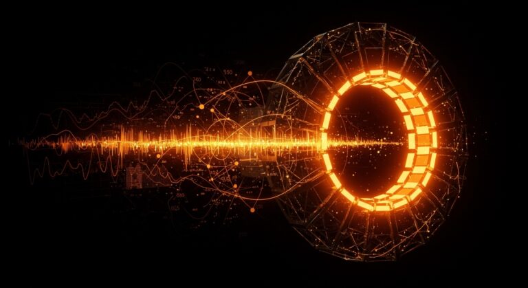Representación artística del colisionador RHIC de Brookhaven cerrando tras 25 años de avances en física nuclear, inteligencia artificial y computación de alto rendimiento.