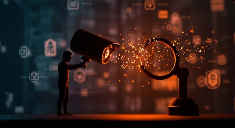 Cancelación de alianza entre Ring y Flock Safety simbolizada por ruptura de vigilancia masiva y protección de la privacidad tecnológica.