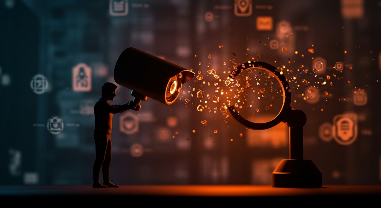 Cancelación de alianza entre Ring y Flock Safety simbolizada por ruptura de vigilancia masiva y protección de la privacidad tecnológica.