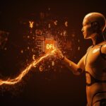 Agente de IA financiero autónomo interactuando con red blockchain, destacando inversión de Ripple y Franklin Templeton en t54 Labs.