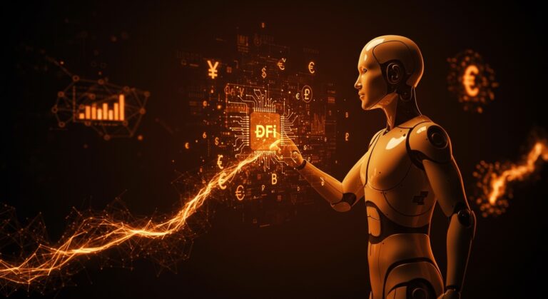 Agente de IA financiero autónomo interactuando con red blockchain, destacando inversión de Ripple y Franklin Templeton en t54 Labs.