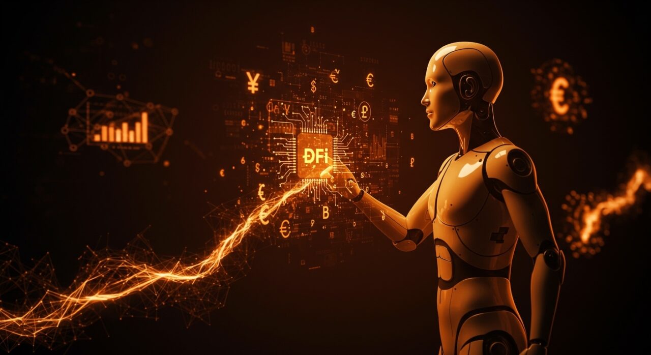 Agente de IA financiero autónomo interactuando con red blockchain, destacando inversión de Ripple y Franklin Templeton en t54 Labs.