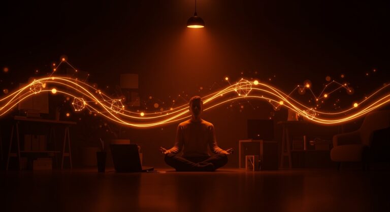 Founder practicando rituales diarios para gestión del estrés y mejorar productividad en un entorno startup moderno con tonos naranja y negro.