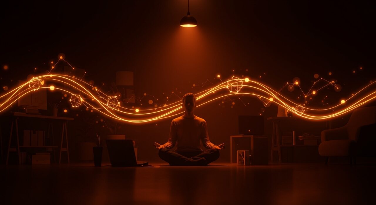 Founder practicando rituales diarios para gestión del estrés y mejorar productividad en un entorno startup moderno con tonos naranja y negro.