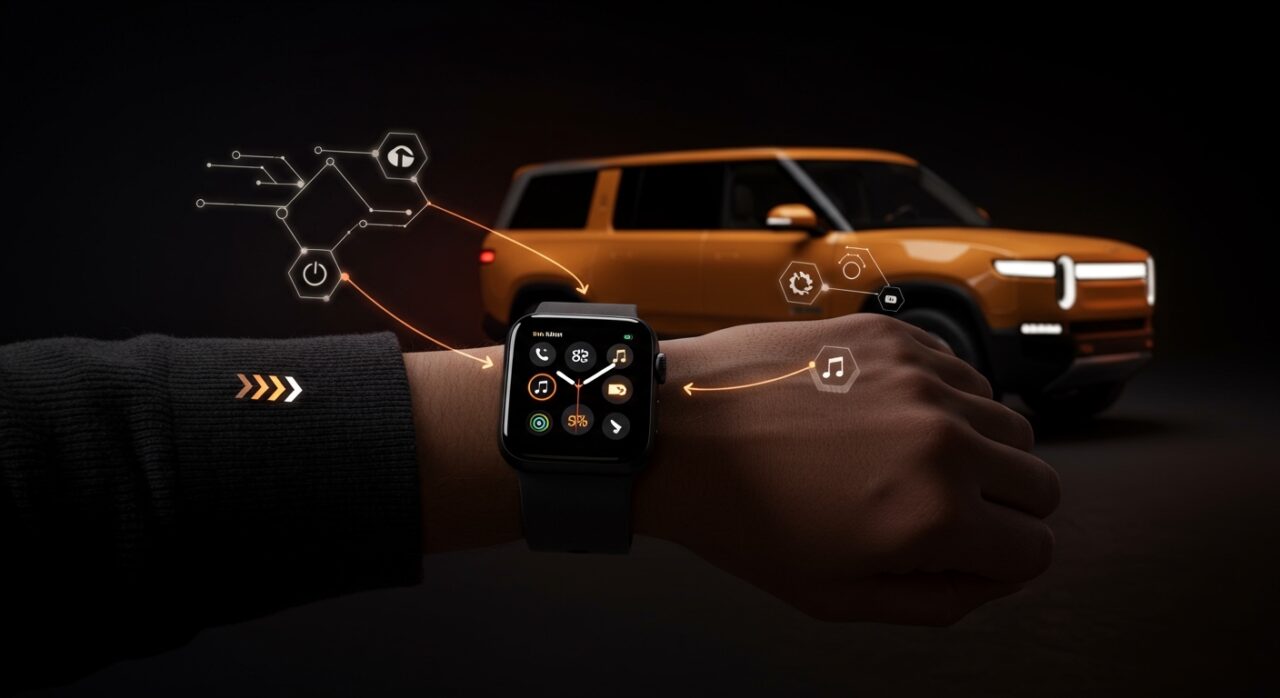 Rivian Apple Watch control remoto para vehículos eléctricos conectados destacando innovación en movilidad inteligente y tecnología wearable.