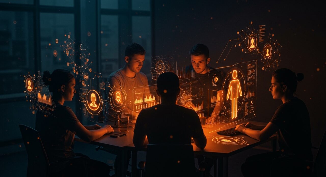 Equipo de startup tecnológica trabajando con interfaces digitales que representan aprendizaje por refuerzo con feedback humano y optimización de modelos AI.