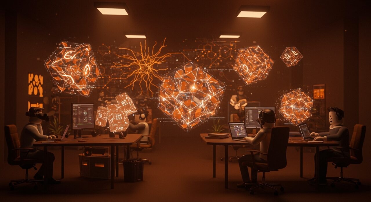 Desarrolladores de startups creando contenido 4D en Roblox con IA generativa para gaming y metaverso innovador.