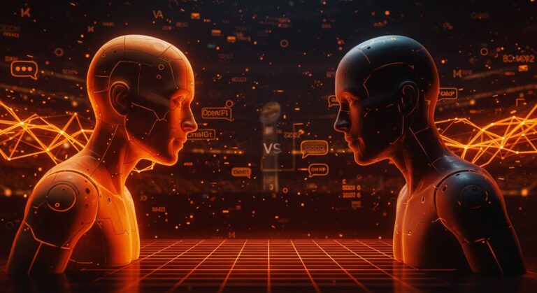 Rivalidad entre Sam Altman y Claude en IA durante el Super Bowl con metáforas visuales de competencia tecnológica entre OpenAI y Anthropic.