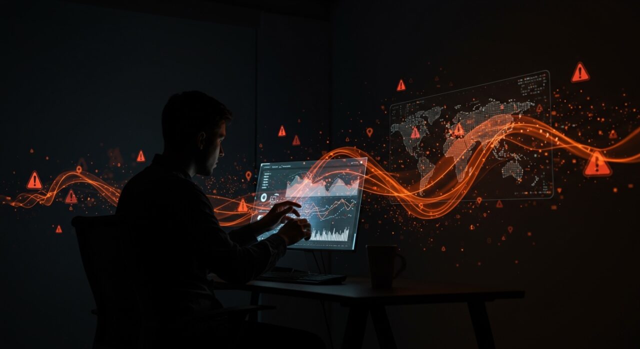 Fundador analizando datos de ciberseguridad y sanciones zero-day en un entorno tecnológico moderno para startups.