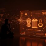 Silueta de fundador de startup tecnológica frente a holograma con símbolos de CPI y ONU, ilustrando sanciones internacionales y responsabilidad corporativa en tecnología y geopolítica.