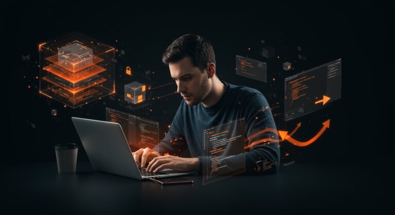 Tech founder usando sandbox-exec en macOS para seguridad informática y aislamiento de aplicaciones, ilustrando automatización y protección.