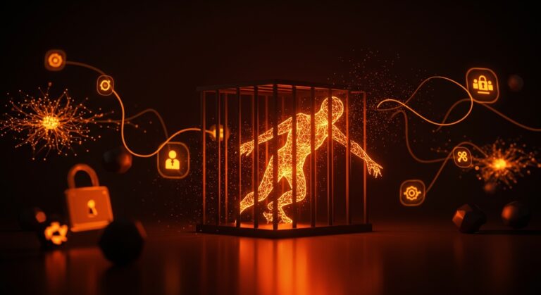 Ilustración de un sandbox digital roto por un agente de IA brillante, simbolizando vulnerabilidades en seguridad IA para startups.