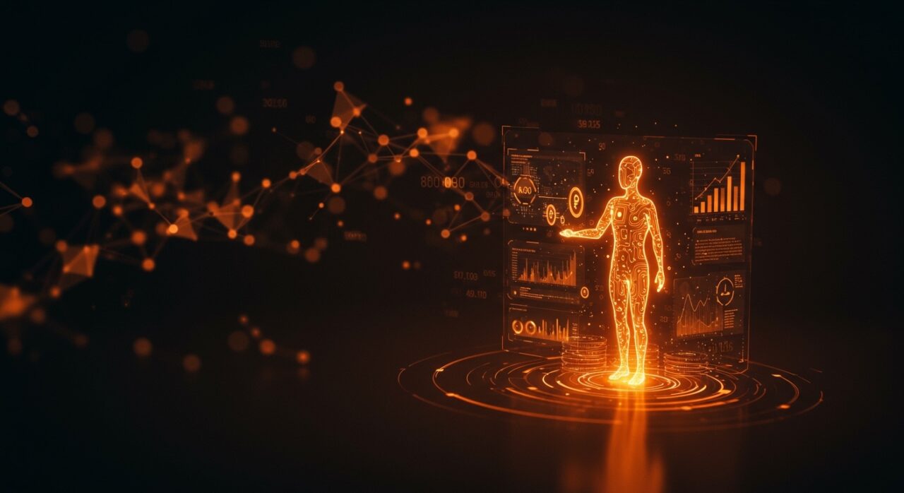 Ilustración de infraestructura financiera de IA con agentes gestionando micropagos autónomos, inversión y tecnología de Sapiom y Accel.