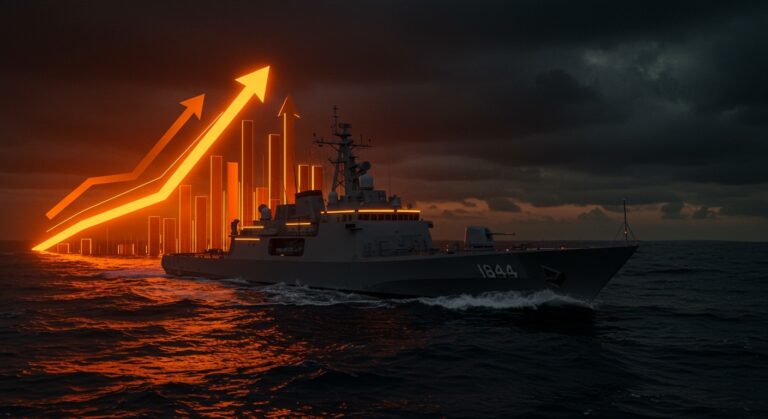 Buque autónomo militar de Saronic en un mar oscuro con elementos visuales que simbolizan inversión y crecimiento en startups de defensa tecnológica.