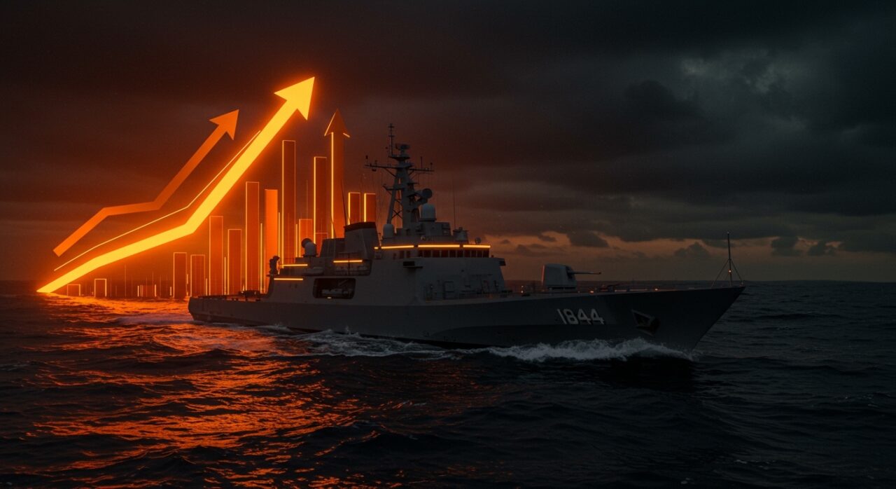 Buque autónomo militar de Saronic en un mar oscuro con elementos visuales que simbolizan inversión y crecimiento en startups de defensa tecnológica.