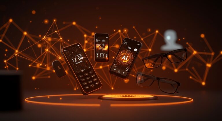 Dispositivos feature phones y smart glasses con modelos de IA edge computing offline desarrollados por Sarvam AI en India, representando inteligencia artificial para dispositivos móviles low-cost.