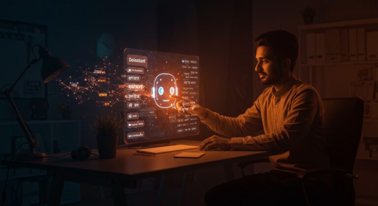 Chatbot de IA Indus de Sarvam AI interactuando en múltiples idiomas locales para el mercado indio de tecnología conversacional.