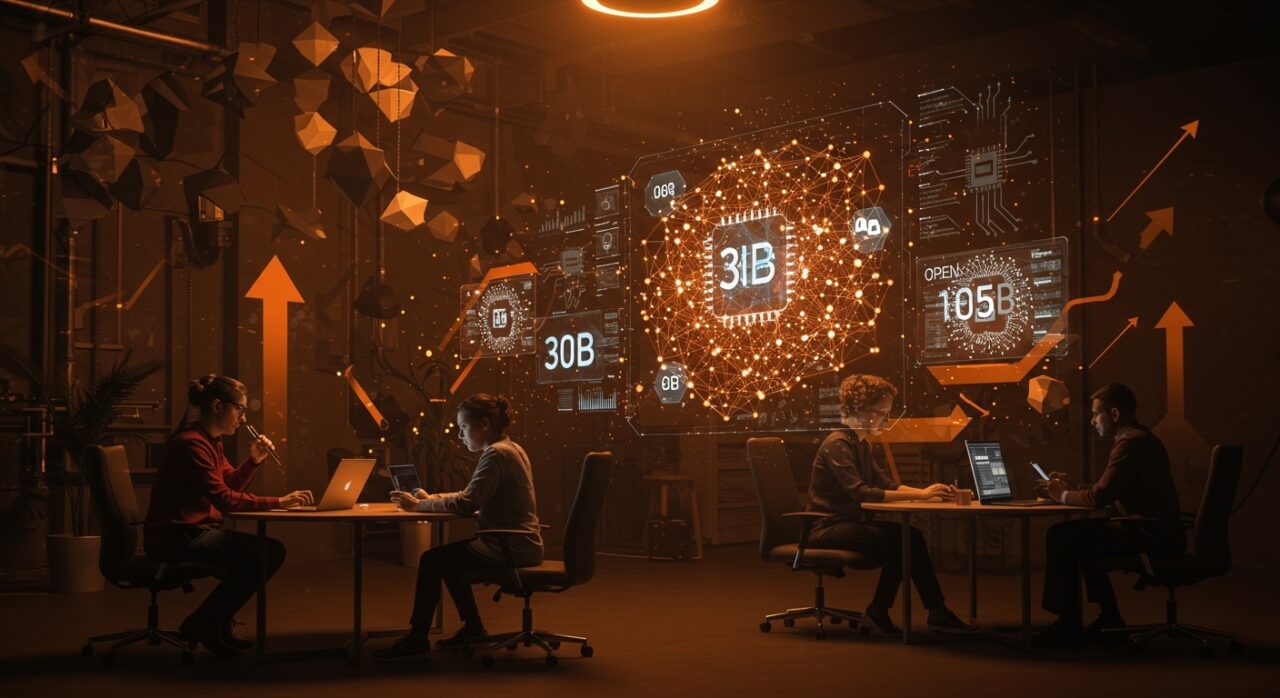 Modelos IA open source de Sarvam AI en un entorno startup innovador, mostrando redes neuronales avanzadas para transformación digital y automatización con inteligencia artificial.