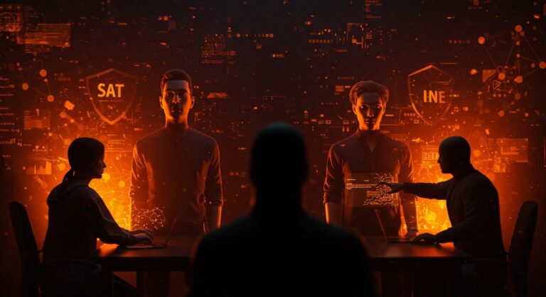 Negación del hackeo masivo por SAT e INE con metáforas visuales de ciberseguridad e inteligencia artificial en contexto de Claude de Anthropic.