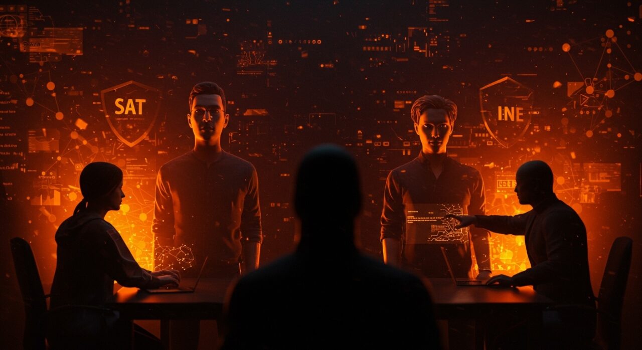 Negación del hackeo masivo por SAT e INE con metáforas visuales de ciberseguridad e inteligencia artificial en contexto de Claude de Anthropic.