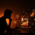 Fundador de startup analizando interfaz digital de app de citas fintech Score con indicadores de crédito y símbolos financieros en fondo naranja y negro.