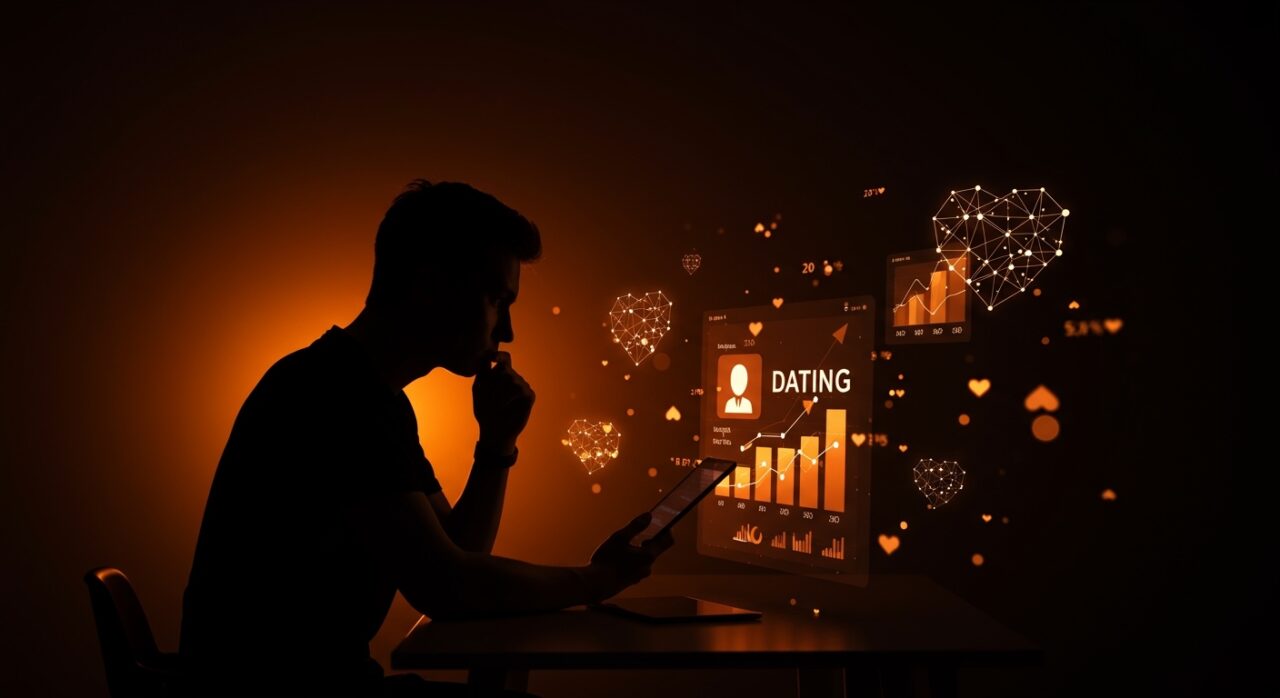 Fundador de startup analizando interfaz digital de app de citas fintech Score con indicadores de crédito y símbolos financieros en fondo naranja y negro.