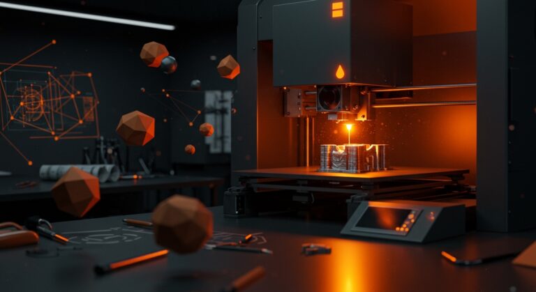 Impresora 3D de metal profesional en acción, representando manufactura avanzada accesible para startups y makers.