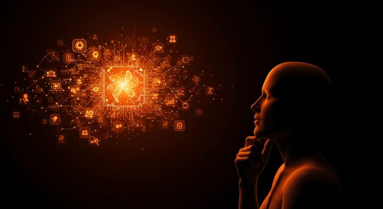 Fundador de Silicon Valley frente a una red neuronal holográfica que simboliza la inteligencia artificial y los desafíos morales en la cultura emprendedora.