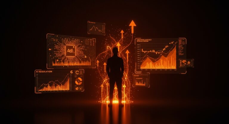 Impacto de la singularidad tecnológica 2034 en startups y mercado laboral tech con visuales de inteligencia artificial y regulación de IA.