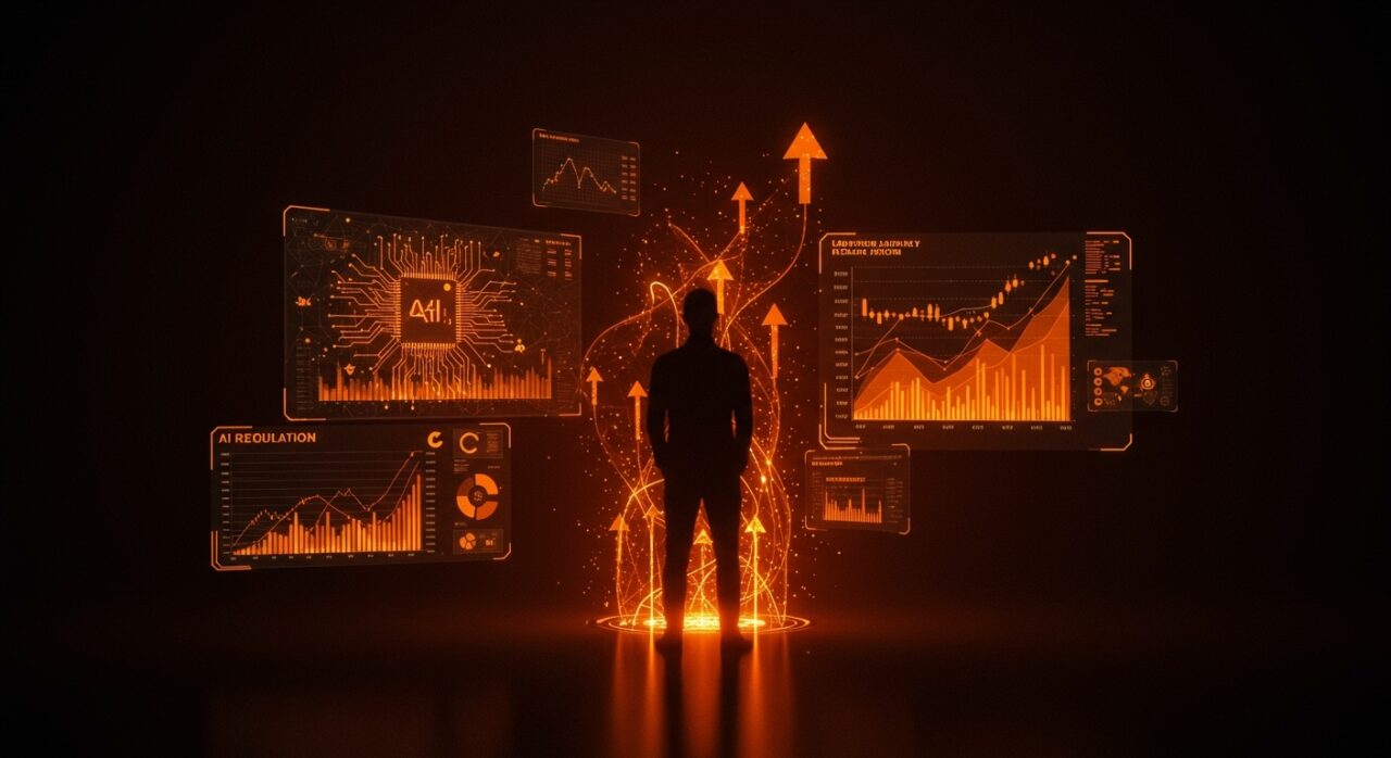 Impacto de la singularidad tecnológica 2034 en startups y mercado laboral tech con visuales de inteligencia artificial y regulación de IA.