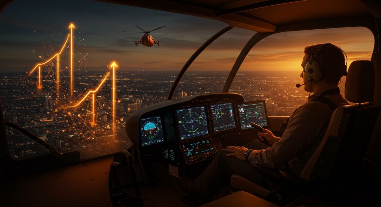 Automatización de vuelo en helicópteros con tecnología SkyOS, destacando financiamiento startup, certificación FAA y movilidad aérea urbana.