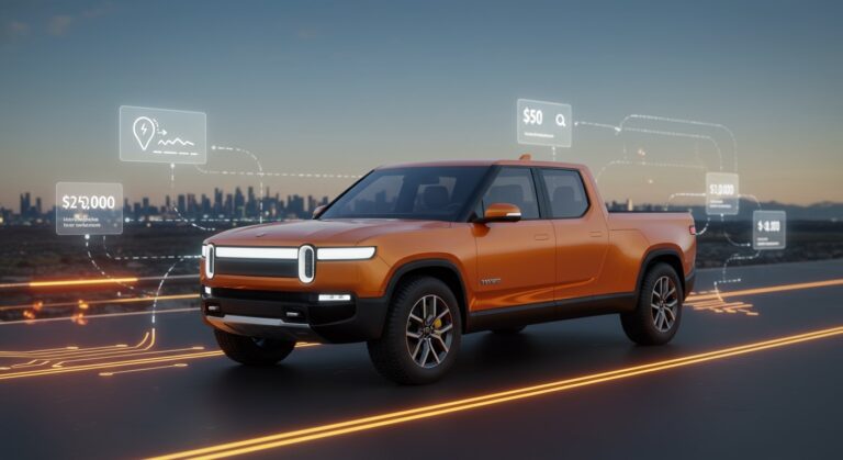 Camioneta eléctrica asequible de Slate Auto en tonos naranja y negro simbolizando movilidad sostenible y tecnología EV para 2026.