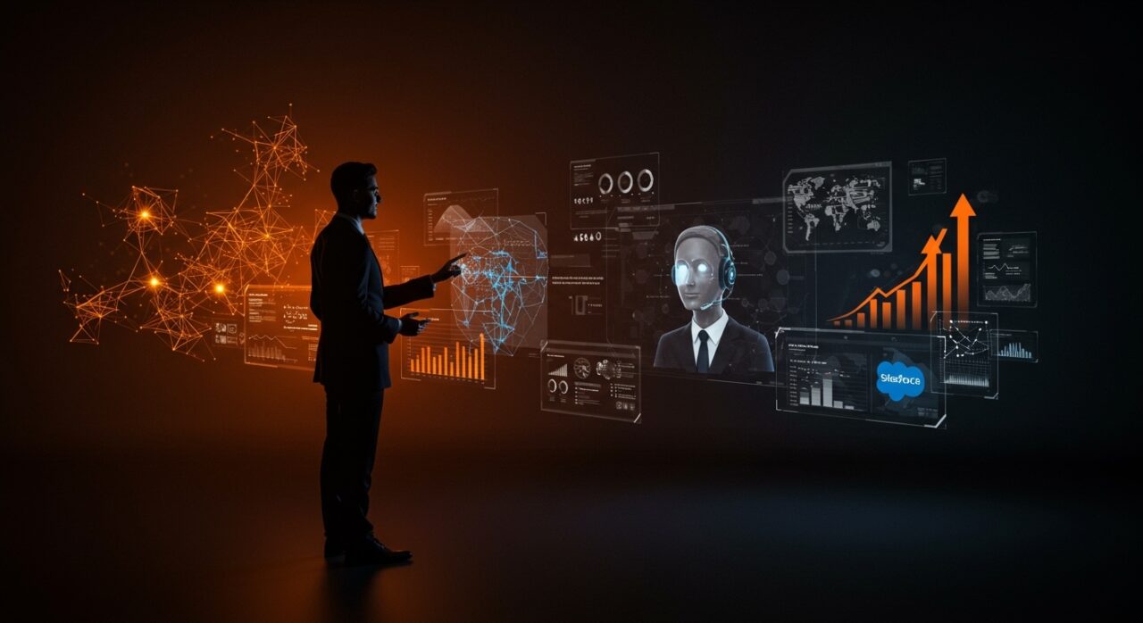 Implementación de IA con Salesforce Agentforce logrando 59% adopción self-service en industrias reguladas, ilustración de automatización y atención al cliente con inteligencia artificial.