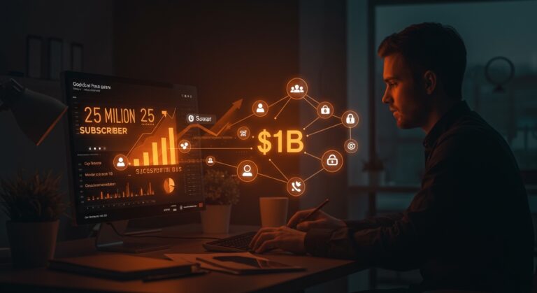 Visualización digital que muestra 25 millones de suscriptores de Snapchat+ y $1B en ingresos recurrentes anuales, destacando modelos de suscripción y crecimiento SaaS.