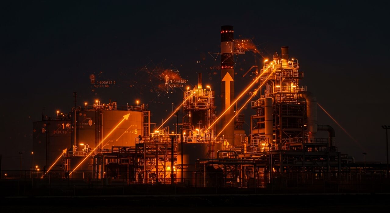 Planta de gas natural iluminada con tonos naranja y negro, simbolizando inversión energética y desarrollo tecnológico en startups.