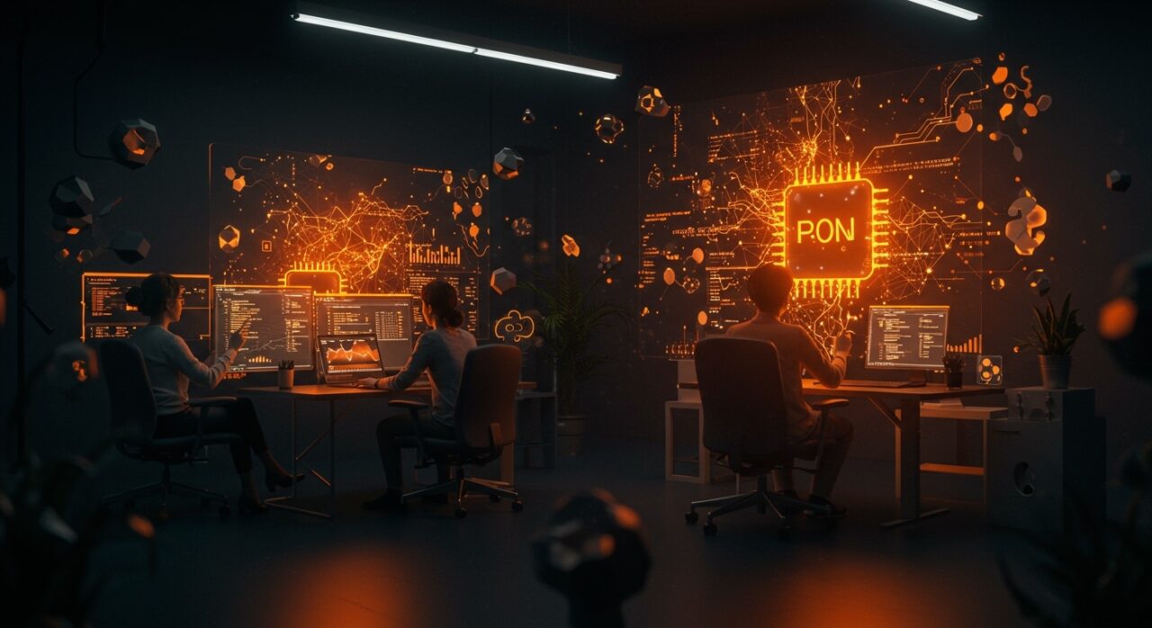 Equipo startup desarrollando Software 3.1 con funciones de IA aplicada, automatización y validación automática en un entorno tecnológico moderno.