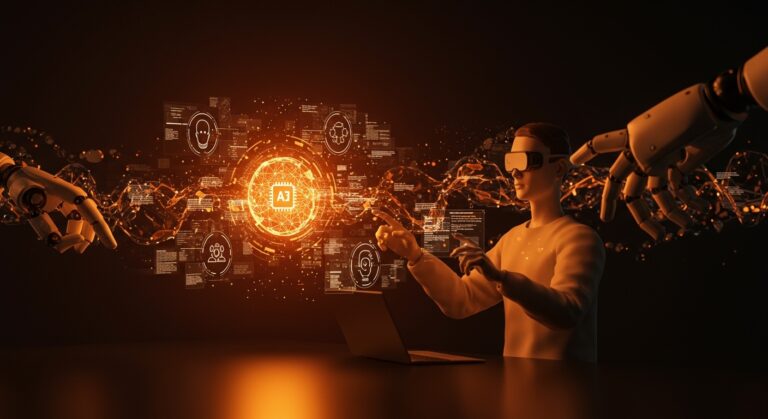 Ingeniería de software revitalizada con agentes de codificación IA y programación automatizada en un entorno tecnológico estilizado en naranja y negro.