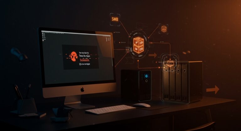 Solución visual para errores de Time Machine en macOS con Synology NAS y tecnología Docker en entorno automatizado.