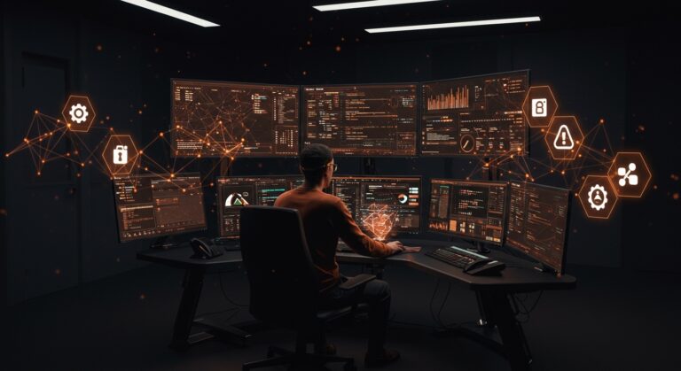 Automatización de alertas de producción con IA destacada en un centro de control futurista integrado con GitHub, Sentry y Datadog.