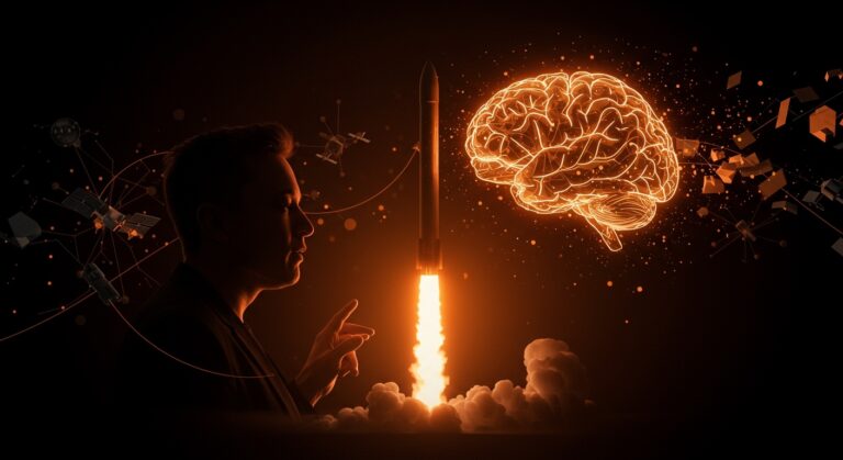 Fusión visual de SpaceX y xAI simbolizando la adquisición histórica e integración de IA y tecnología espacial para una OPI tecnológica.