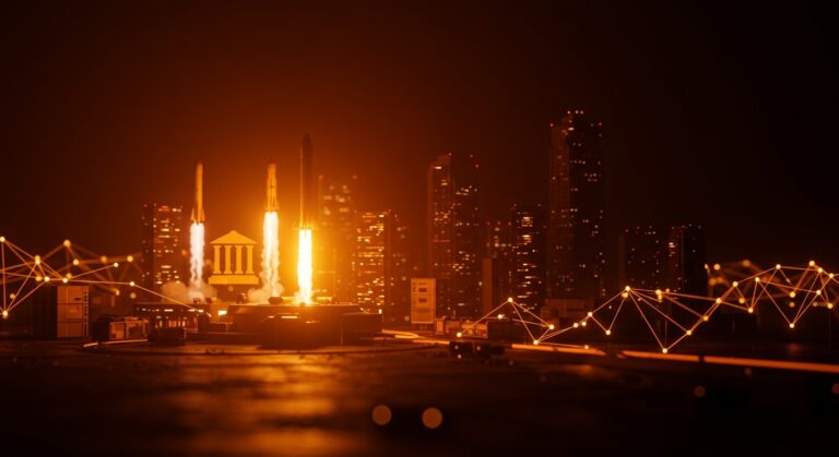 Ciudad tecnológica de Starbase, Texas, con cohetes SpaceX y la integración de un sistema judicial propio en un ecosistema tech innovador.
