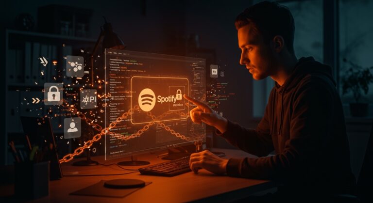 Desarrollador frente a interfaz futurista mostrando limitaciones en la API de Spotify y requisito de cuenta Premium para apps de música.