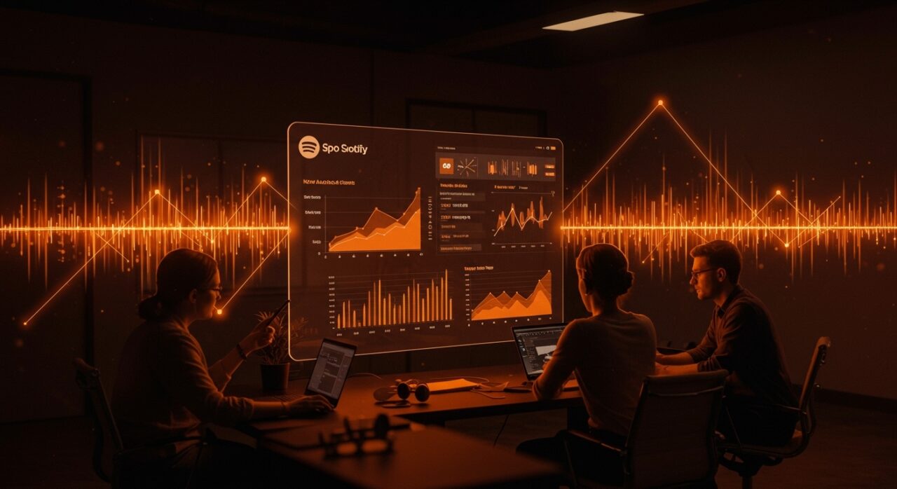 Interfaz digital de las nuevas listas de audiolibros de Spotify con fundadores tecnológicos analizando oportunidades en el mercado de streaming y contenido digital.