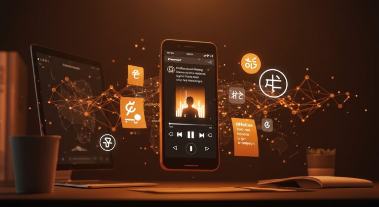 Interfaz digital de Spotify Premium mostrando letras offline y traducciones de canciones con metáforas visuales de experiencia de usuario y estrategia freemium.