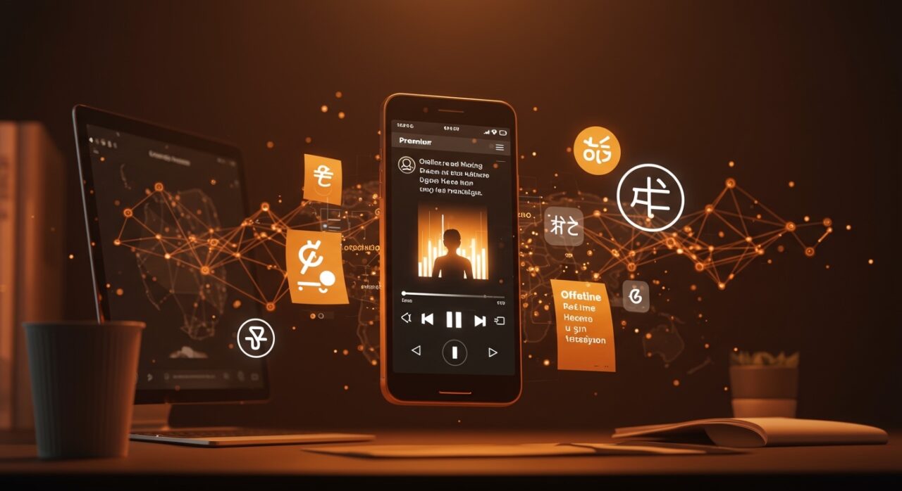 Interfaz digital de Spotify Premium mostrando letras offline y traducciones de canciones con metáforas visuales de experiencia de usuario y estrategia freemium.